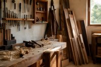 Eine kleine Schreinerwerkstatt am Morgen: eine Hobelbank mit Holzspänen, an der Wand hängende Handwerkzeuge, eine Lederschürze am Haken, durch das Fenster fällt Licht auf gestapelte Bretter. Symbolbild zum Weiterarbeiten nach der Regelaltersgrenze mit dem Freibetrag der Aktivrente seit 2026.