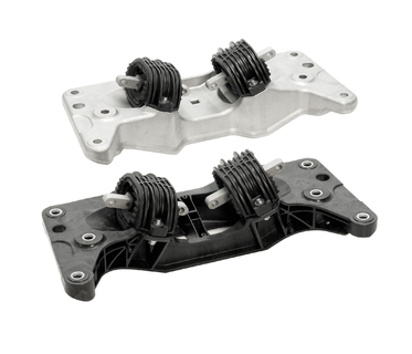 The first transmission cross beam made of plastic (front) was developed by ContiTech in close cooperation with BMW and BASF. It is used as standard in the new BMW 5 Series Gran Turismo 550i. By using the polyamide Ultramid® A3WG10 CR from BASF instead of aluminum (back), it was possible to reduce the weight of the part by 50%
