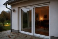 Terrassentür eines Wohnhauses mit Öffnungsmelder am Rahmen in der Abenddämmerung - Eine geschlossene Terrassentür eines Einfamilienhauses in der Abenddämmerung, am oberen Rahmen ein kleiner weißer Öffnungsmelder, im Inneren brennt gedämpftes Licht, davor ein Stück Terrasse mit Herbstlaub. Symbolbild zum Wohnungseinbruch und zur Sicherung von Türen und Fenstern. Bild KI-generiert.