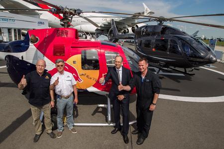 From Left to right: Rainer Wilke (BO105 pilot Flying Bulls), Harald Reiter (CEO Flying Bulls), Wolfgang Schoder (CEO Airbus Helicopters Germany) and Volker Bau (Chief Test Pilot, Airbus Helicopters). © Copyright Charles Abarr