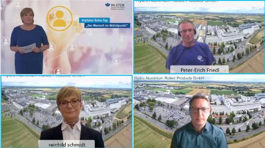 Virtuelle Verleihung des Rehabilitationspreises der BG ETEM: von links oben: Marina Hesse-Spötter, BG ETEM; Peter-Erich Friedl, Reinhild Schmidt, Ronny Erdmann, Hydro Aluminium Rolled Products GmbH