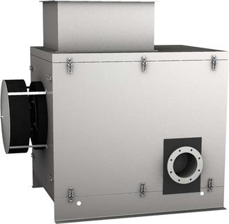 Charakteristisches Merkmal der Schalldämmhauben für BOOSTED-Ventilatoren ist der seitlich befestigte Scheibenschalldämpfer (Foto: Elektror airsystems gmbh)