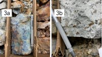 Abbildung 1: MHB-30/182 ft (55 m) mit 4,46 % Cu und 49 g/t Ag mit Azurit, Malachit und Chrysokoll (3a). Verstreuter Chalkopyrit und Bornit in intrusivem Rhyolith (3b). Abbildung 1: MHB-30/182 ft (55 m) mit 4,46 % Cu und 49 g/t Ag mit Azurit, Malachit und Chrysokoll (3a). Verstreuter Chalkopyrit und Bornit in intrusivem Rhyolith (3b).