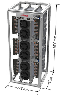 Die leistungselektronische Systemplattform Semistack mit den SKiiP intelligenten Powermodulen ist optimiert für Anwendungsbereiche,die von Solarwechselrichtern für 450 kW bis zu Synchrongeneratoren SG mit 2,5 MW für Windkraftanlagen reichen
