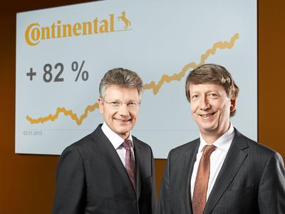 Dr. Elmar Degenhart, CEO Continental AG, and Wolfgang Schäfer, CFO Continental AG, presented on March 6, 2014 in Frankfurt/Main, Germany, not only preliminary figures for fiscal 2013 but also pointed out that in 2013 the Continental shares were at the top of the DAX for the second time in a row with a share price increase of 82 percent