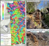 Abbildung 1: Vorläufige lineare Merkmale und relevante magnetische Merkmale mit Überlagerung auf dem analytischen Signal. Vier gestrichelte Rahmen verweisen auf Bereiche von besonderem Interesse und historische Bergbauaktivitäten. Die Bilder zeigen die historische Infrastruktur und die Skarn-Kontaktzone