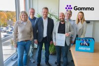 Gruppenbild v.l.n.r.: Maike Müller (Leiterin Partner- & Salesmanagement), Achim Hager (CEO Gamma DACH), Andreas Hampel (Geschäftsführer), Kai Knuth (Key Account Manager), Andrew Belshaw (Interim CEO Gamma UK), Veronika Hoier (People Business Partner)