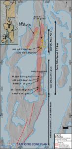 Sam Otto "Mineralized Zone" is defined by drilling and gold bearing surface sampling. Dotted line indicating "Mineralized Shear Structure Mapped’ shows the location of favorable extensions of shears that were mapped in the summer of 2019