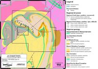 Abbildung 1. Geologische Karte des Konzessionsgebiets Lac Comporté mit den geplanten Bohrstandorten und -spuren.