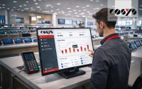 POS Software von COSYS mit integrierter Verkaufsanalyse direkt im Elektronikhandel im Einsatz.
