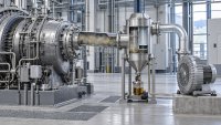 Beschreibung: Realistische Industrieanlage mit Maschine, Ölnebelabscheider, Ölsammelbehälter und Seitenkanalverdichter. Der Verdichter befindet sich hinter dem Abscheider und wird ausschließlich vom gereinigten Gasstrom durchströmt.