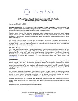 EnWave Press Release - EnWave Signs Royalty-Bearing License with Arla Foods 06072018.pdf