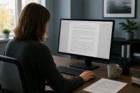 Redaktionelle Freigabe eines KI-generierten Textes am Arbeitsplatz - Eine Person prüft an einem Bildschirm einen redaktionellen Text und gibt ihn frei. Symbolbild zur redaktionellen Kontrolle KI-erzeugter Inhalte nach Artikel 50 der KI-Verordnung. Bild KI-generiert.