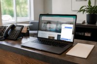 Notebook auf einem Empfangstresen mit geöffnetem Chatfenster einer Firmenwebsite, daneben Telefon und Notizblock