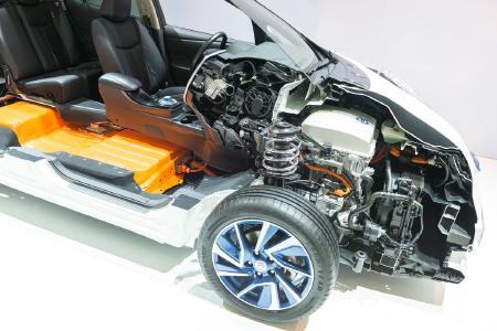 Display of a Chassis of an electric car with battery and drive