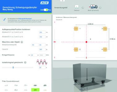 Unter www.ace-ace.de/de/berechnungen/schwingungsdaempfung.html können Nutzer mehr als 2/3 aller typischen Auslegungsfälle in kürzester Zeit selbstständig berechnen und sich dafür die ideal passende Maschinenlagerung anzeigen lassen (Grafik: ACE Stoßdämpfer GmbH)
