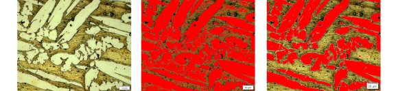 Nach der Deep-Learning-Bildsegmentierung mit der OLYMPUS Stream Software Version 2.5 können verschiedene Phasen genau unterschieden und erkannt werden. In Kombination mit der Zähl- und Messlösung der Software können Anwender leicht wiederholbare, quantitative Ergebnisse erzielen. Links: Originalbild von geätztem Kupfer. Mitte: Bildsegmentierung mit herkömmlichen Schwellwertverfahren. Rechts: Deep-Learning-Bildsegmentierung
