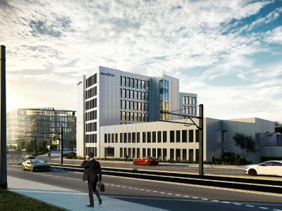 Das Bürogebäude Schüco Corporate Services an der Herforder Straße/Ecke Karolinenstraße erhält mit der Elementfassade AF UDC 80 ein klar strukturiertes und modernes Antlitz / Bildnachweis/Darstellung: tr.architekten