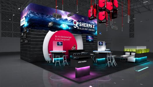 So hätte der Messestand von SHERPA-X auf der E-World ausgesehen. Da die Messe ausgefallen ist, hat der Unternehmensverbund der Stadtwerke Schwäbisch Hall die Energie-Impulse veranstaltet. Visualisierung: Fairnet GmbH