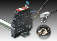 Weidmüller Solid-State Relais MICROOPTO ACTOR: Schaltverstärker für induktive Lasten bis 24 V DC und 2A. Detail: Der PE-Schutzleiter-Anschluss erfolgt schraubenlos durch Aufrasten auf die geerdete Tragschiene