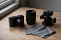 Kompaktkamera und Wechselobjektiv auf einer Werkbank