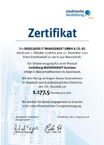 Heidelberg iT schließt mit den Stadtwerken Heidelberg Dreijahresvertrag über Ökostrom aus 100 Prozent Wasserkraft.