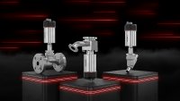 Left and right GEMÜ S40 as globe and angle seat valve, in the middle the tank bottom valve GEMÜ P40. All products are equipped with the electrical position indicator GEMÜ 12A0.