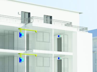Das wohnungszentrale Lüftungssystem freeAir von bluMartin besteht aus dem Außenwand-Lüftungsgerät freeAir 100 und dem intelligenten aktiven Überströmer freeAir plus. Unter www.bluMartin.de/BIM können die Revit-Dateien zum System angefordert werden / Bildquelle: bluMartin GmbH