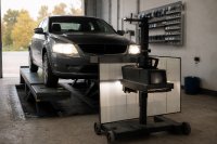 Pkw auf einer Hebebühne in einer Werkstatt, davor ein Scheinwerfereinstellgerät mit leuchtendem Abblendlicht. In einer Kfz-Werkstatt steht ein Pkw mit eingeschaltetem Abblendlicht auf einer Hebebühne, vor dem linken Scheinwerfer ein fahrbares Einstellgerät mit Prüfscheibe; an der Wand Regale mit Ersatzlampen, durch das Tor fällt Herbstlicht. Symbolbild zur Prüfung der Fahrzeugbeleuchtung im Herbst. Bild KI-generiert