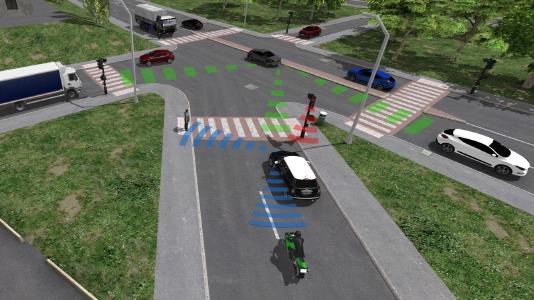 Realistic 3D scene of vehicles driving around a city: ESI Pro-SiVIC™ enables engineers to model how sensors perceive scenes and how smart products make decisions