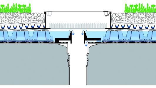 The precise, adjustable Run-off Limiter regulates the accumulation and flow of water reliably within the ZinCo system build-up “Stormwater Management Roof”.