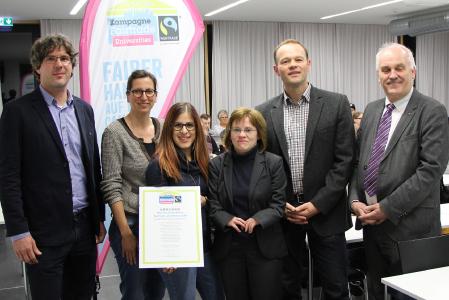 Dr. Frank Eichinger, Daniela Dorrer, Vanessa Vanini, Kanzlerin Claudia Uhrmann und die beiden Hochschulseelsorger Tobias Obele und Bernhard Richter (von links nach rechts) / Bild: © Hochschule Aalen / Ulrich Holzbaur
