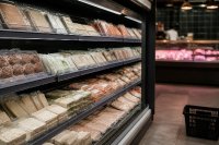 Ein Kühlregal in einem Supermarkt mit gestapelten Packungen pflanzlicher Bratlinge, Tofu und Aufschnitt, rechts daneben unscharf die beleuchtete Theke mit Frischfleisch, auf dem Boden ein Einkaufskorb. Symbolbild zur Produktion von Fleischersatzprodukten. 