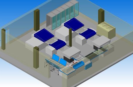 Control Media’s pre-press room: Two CTP lines feed a combined mechanical plate-processing line, consisting of conveyors, an in-line-bender, a turn-table and a double-sided stacker with four trolley positions.