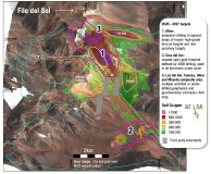 Abbildung 1: Schräge Luftaufnahme der Filo-Sur-Konzessionen (hellcyan), die die für die Exploration und Bohrungen in den Jahren 2026–2027 geplanten Zielgebiete zeigt (magentafarbene, rosa und weiße Umrisse). Erstmals veröffentlicht in der Pressemitteilung vom 4. September 2026.
