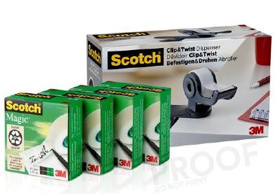 Den grauen 3M Scotch Clip & Twist Klebebandabroller gibt es auch als Vorteilspack mit gleich vier Rollen Scotch Magic Klebeband / Foto: 3M