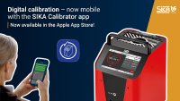 SIKA Calibrator App showing mobile monitoring of a temperature calibration process on a smartphone next to a SIKA temperature calibrator.
