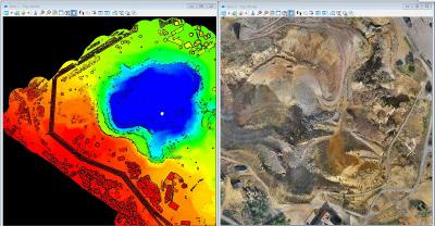 Die erfassten Daten unterstützen die Visualisierung einer LiDAR-Punktwolke der Great Pit auf der linken Seite und eines Orthophotos des Gebiets auf der rechten Seite.