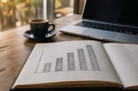 Notizbuch mit handgezeichnetem Balkendiagramm neben Kaffeetasse und aufgeklapptem Laptop - Auf einem hellen Holztisch liegt ein aufgeschlagenes Notizbuch mit einem handgezeichneten Balkendiagramm ohne lesbare Beschriftung, daneben stehen eine Espressotasse und ein halb geöffneter Laptop mit dunklem Bildschirm. Symbolbild zum Vergleich des Kryptobesitzes privater Anleger in Europa. Bild KI-generiert