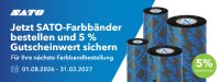 SATO Farbband-Aktion 2026/2027 mit mehreren Thermotransfer-Farbbandrollen. Kunden erhalten im Aktionszeitraum vom 1. August 2026 bis 31. März 2027 einen Gutscheinwert von 5 % für ihre nächste Farbbandbestellung.