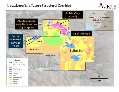 Abbildung 1 zeigt die Lage des 1,5 Kilometer langen strukturellen Korridors, in dem die bei Tacora entdeckte Oxid-Gold- und Silbermineralisierung lagert