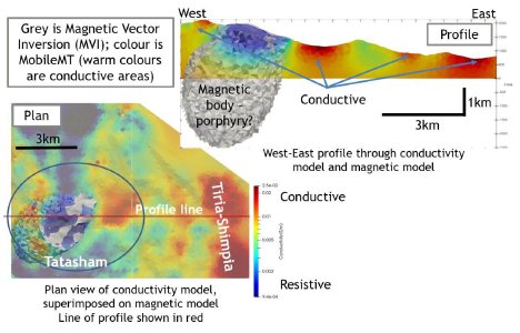 Figure 1. Images of combined 3D magnetic vector inversion (grey body) with the 3D inversion of MobileMT data