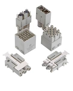 Die Neuen im Han-Modular Portfolio: Han® Shielded Power (vorn), Han DD® Doppelmodul (Mitte) und Han® M12 Modul