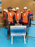 At the official start of production for the offshore converter platforms at the Meyer shipyard in Papenburg (from left to right): Sebastian Holtz, project manager at TÜV SÜD, Dr. Robert Kasper, project manager for offshore stations at Amprion and Sandro Schmidt, technical manager at TÜV SÜD.