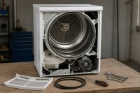 Geöffneter Wäschetrockner mit ausgebautem Flusenfilter und Werkzeug auf einer Werkbank. Ein weißer Wäschetrockner steht mit geöffneter Frontblende auf einer schlichten Werkbank, daneben liegen ein ausgebauter Flusenfilter, ein Trommelriemen, ein Schraubendreher und ein Satz Schraubenschlüssel. Symbolbild zur Reparierbarkeitsklasse auf dem Energielabel für Haushaltswäschetrockner.