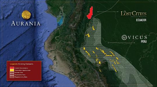 Abbildung 1. Karte mit der ungefähren Lage der Anträge auf Mineralkonzessionen in Peru, die von Auranias Tochtergesellschaft Vicus gestellt wurden, im Verhältnis zu Auranias Lost Cities - Cutucu-Projekt in Ecuador. Die Karte zeigt die Verteilung der geophysikalischen Daten unterschiedlicher Art, die für die Exploration der Konzessionen relevant sind und vom peruanischen Staat zur Verfügung stehen