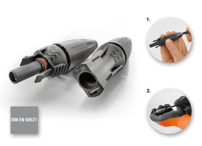 Weidmüller "PV-Stick" with "PUSH IN" connection: The fastest, tool-free plug-in connector for photovoltaic systems. Detail 1: You can check whether you have the right stripping length by using the clearly visible marking on the screw cap. Detail 2: The ergonomic design simplifies assembly and installation of the PV plug-in connector, even under difficult conditions