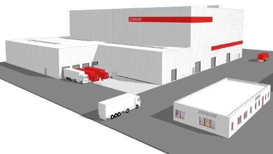 Design rendering of the third Poraver® plant in Schlüsselfeld –since construction began on October 9, 2017, grading work at the new Poraver plant site has excavated 23,000 m³ of soil. This corresponds to 42,000 tonnes, or about 1,600 truckloads
