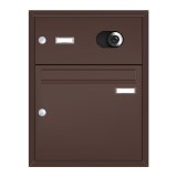 Das Modell AP244 in Schokoladenbraun mit Klingeltaster und Video-Kommunikationseinheit zur Unterputzmontage.