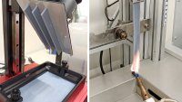 Resinbasierter 3D‑Drucker, mit dem drei UL94‑Probekörper gefertigt wurden (links), und Durchführung eines UL94‑Flammschutztests (rechts)